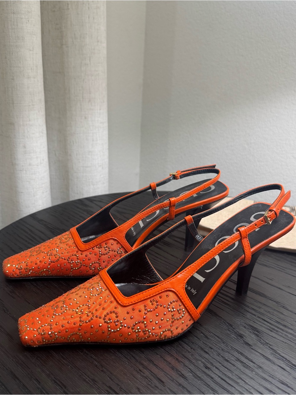 Gucci GG Crystal Embellishments Slingback Pumps Orange 37.5